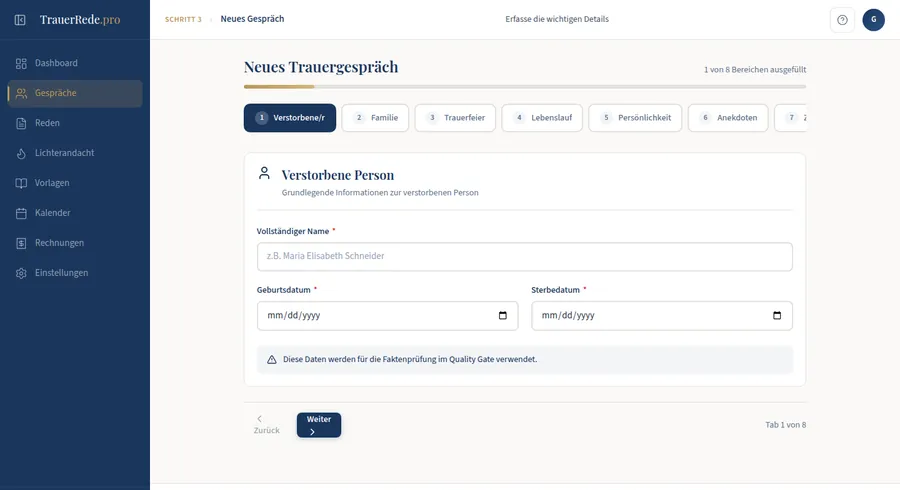 Produkt-Screenshot: strukturiertes Trauergespräch-Formular
