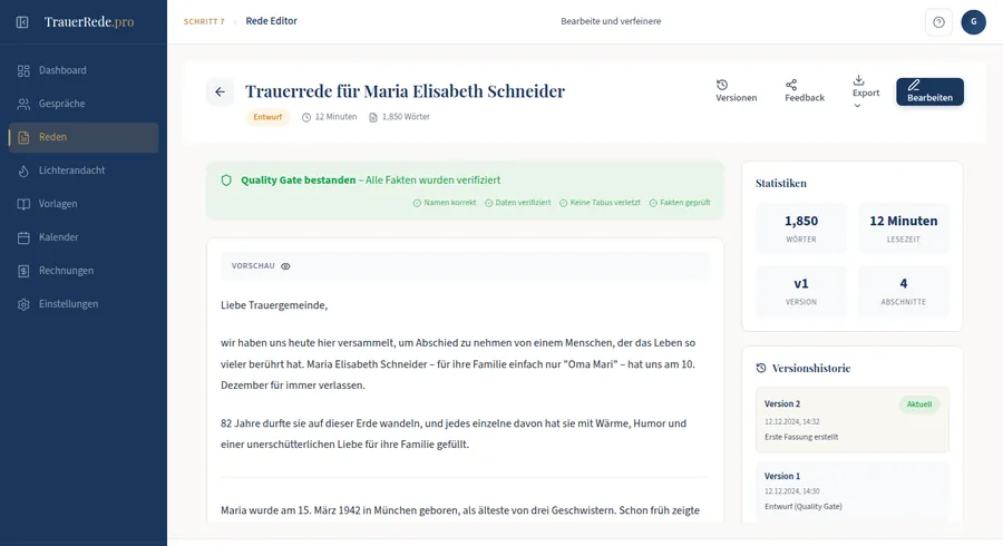 Produkt-Screenshot: Quality-Gate bestanden, Fakten verifiziert