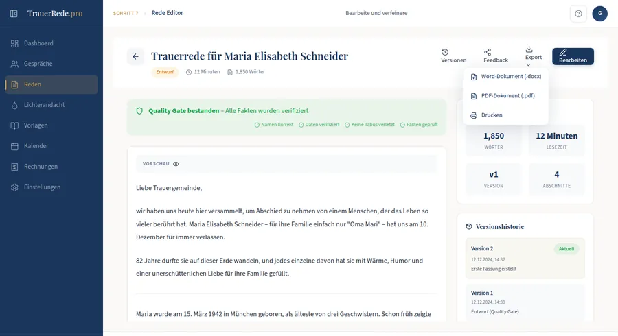 Produkt-Screenshot: Export als Word oder PDF