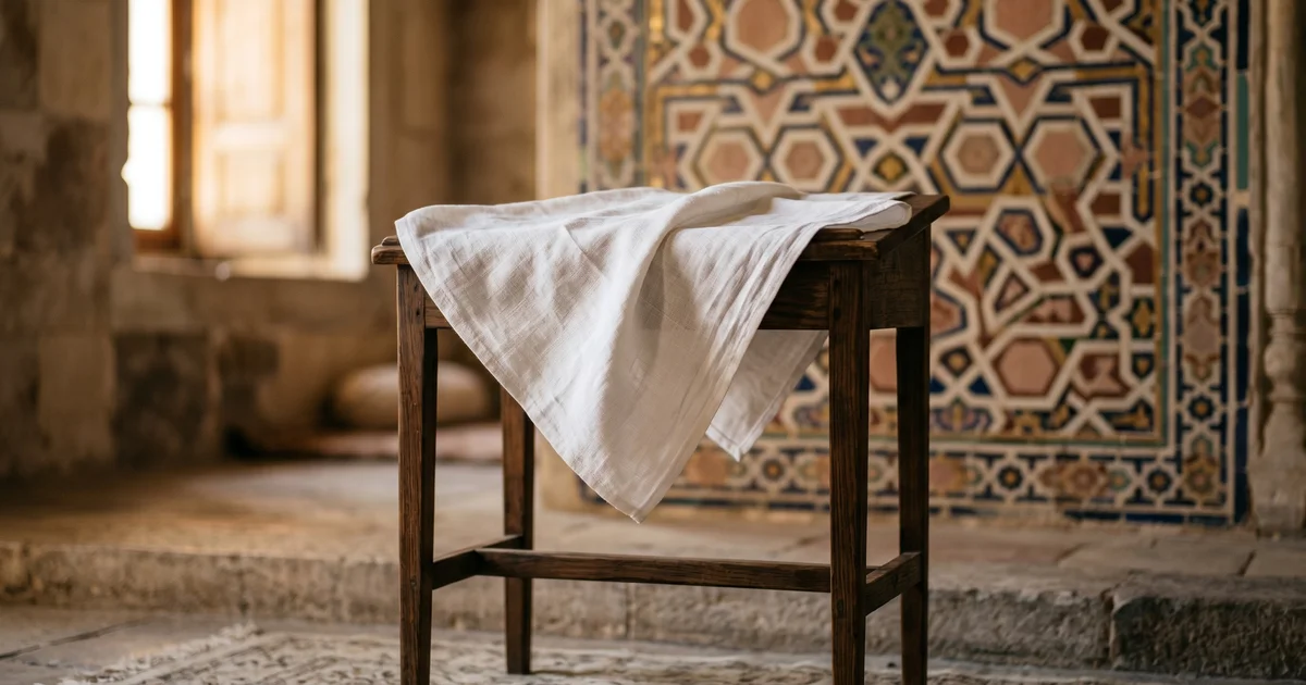 Schlichte Trauerhalle mit weissen Blumen und einem in ein Tuch gehüllten Sarg — interreligiöse Trauerfeier