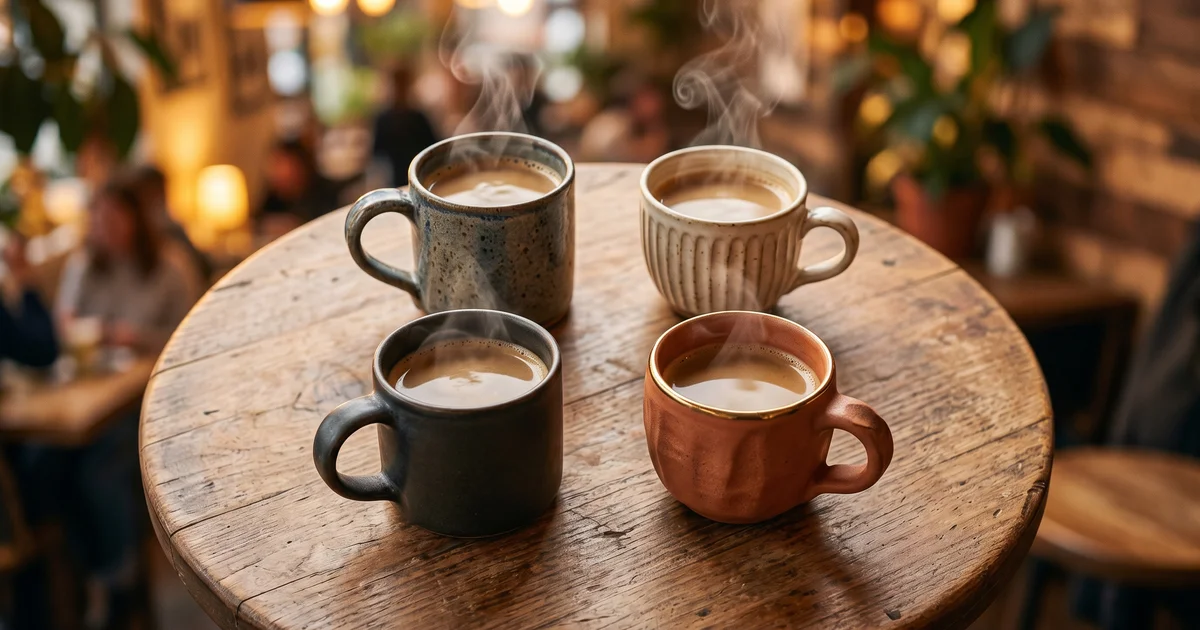 Vier Trauerredner sitzen an einem Cafetisch im Gespräch — kollegiale Runde bei einem Netzwerktreffen